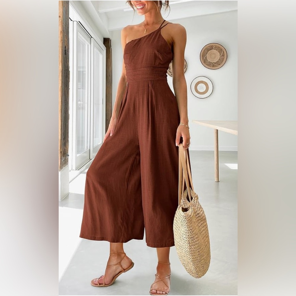 Wide Leg One Shoulder Linen Jumpsuit • Size M